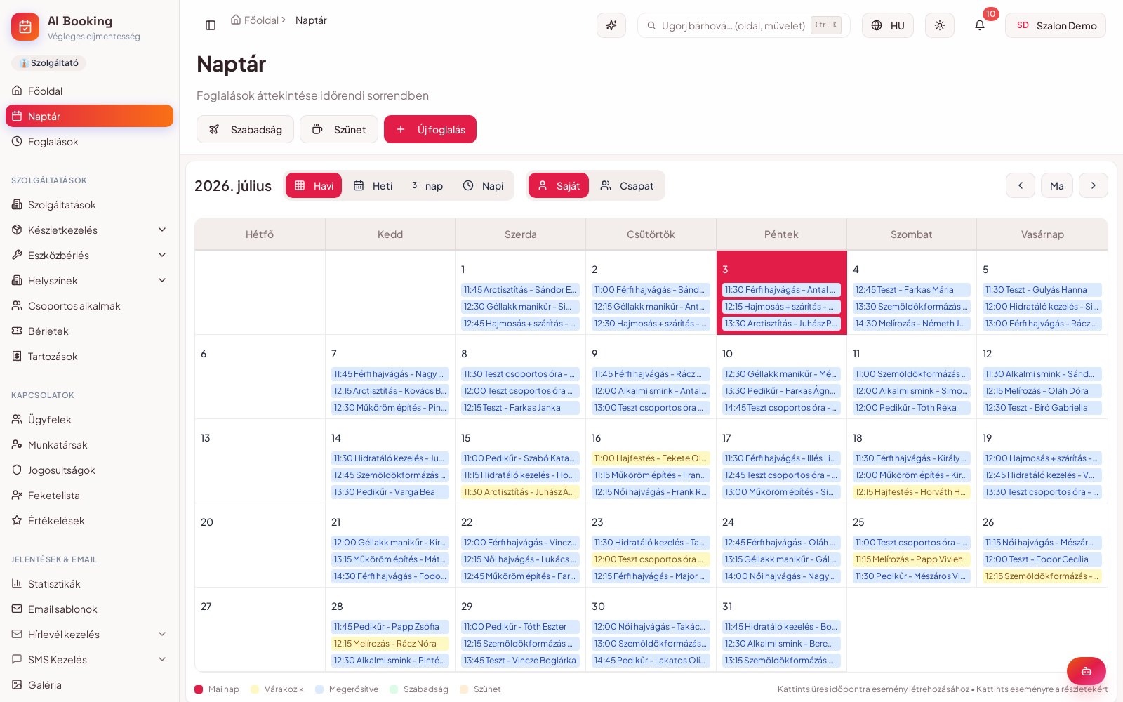 AI Booking naptár-nézet