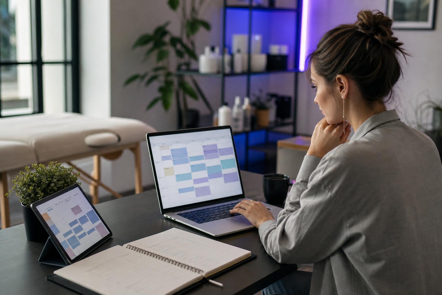 Laptopon és tableten látható online foglalási naptár szinkronizált időpontokkal