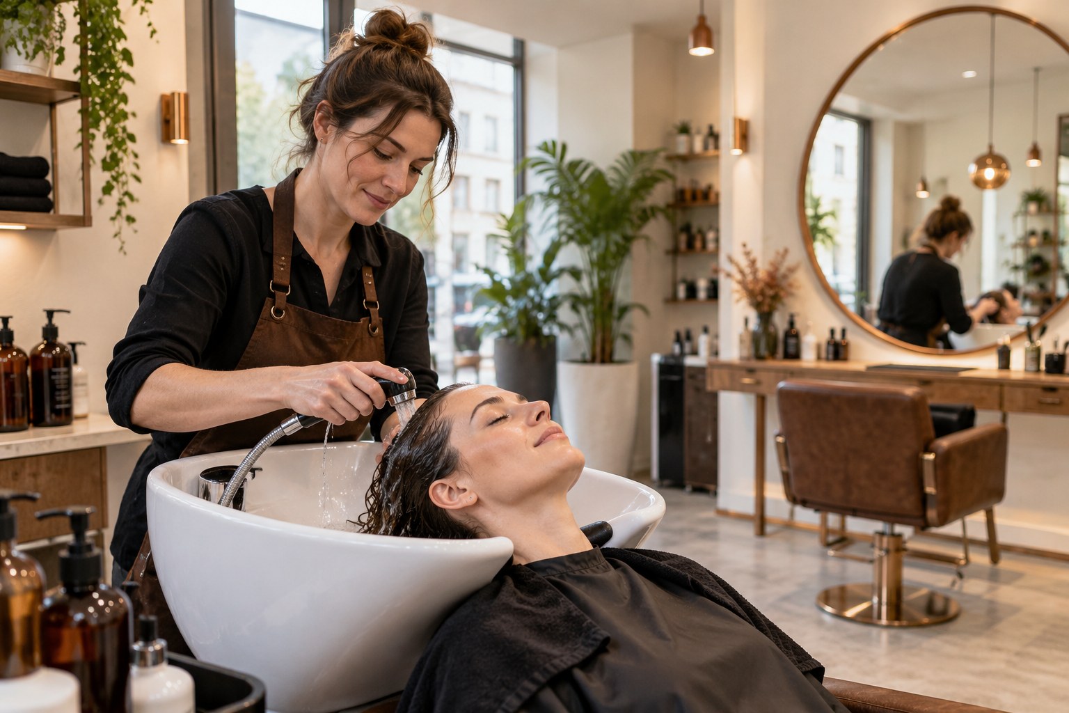 Világos fodrászszalon hajmosóval, nagy tükörrel és meleg bronz részletekkel