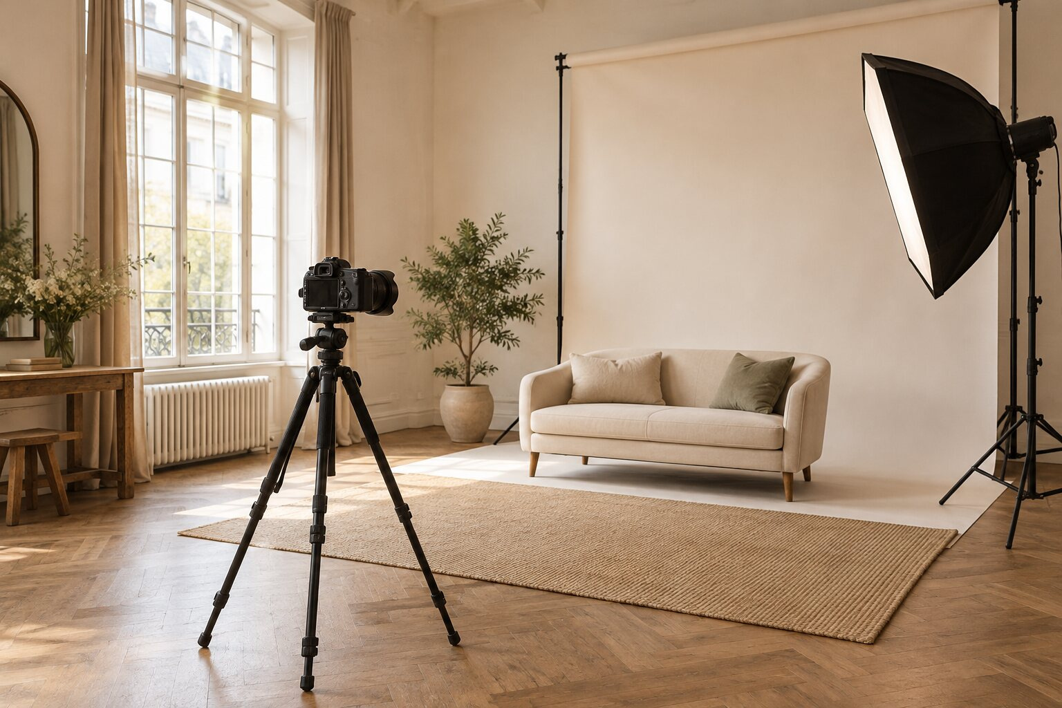 Online időpontfoglaló fotósoknak – Fotóstúdió állványos fényképezőgéppel, kanapéval és softbox világítással Fotóstúdió állványos fényképezőgéppel, kanapéval és softbox világítással