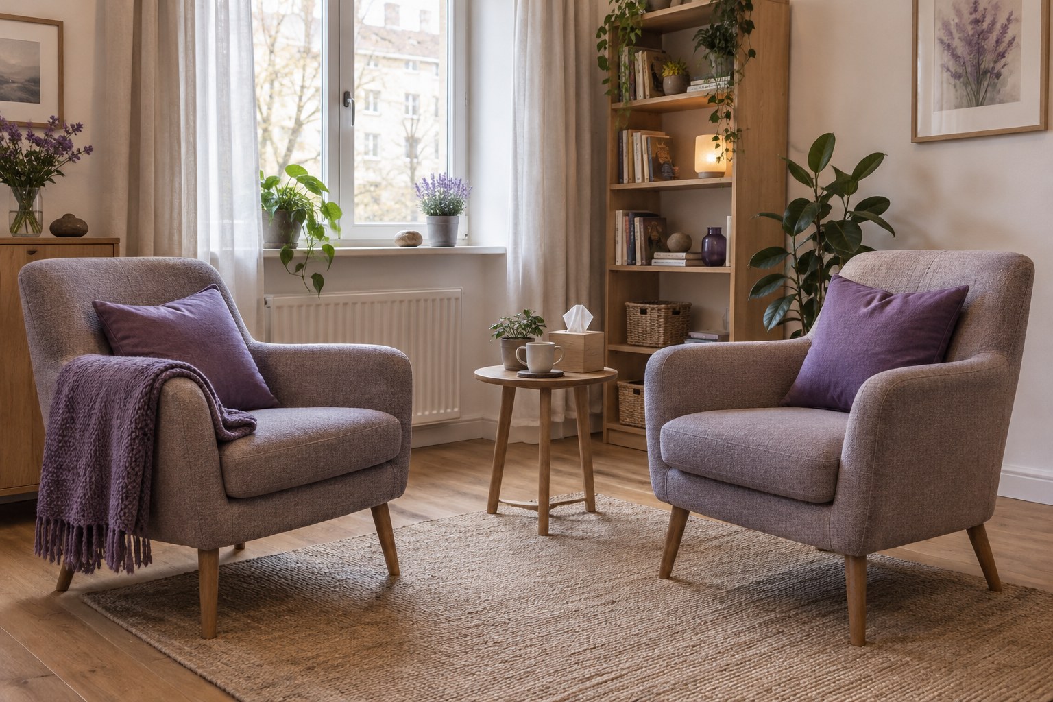 Nyugodt pszichológiai rendelő két kényelmes székkel, természetes fénnyel és lila textilekkel