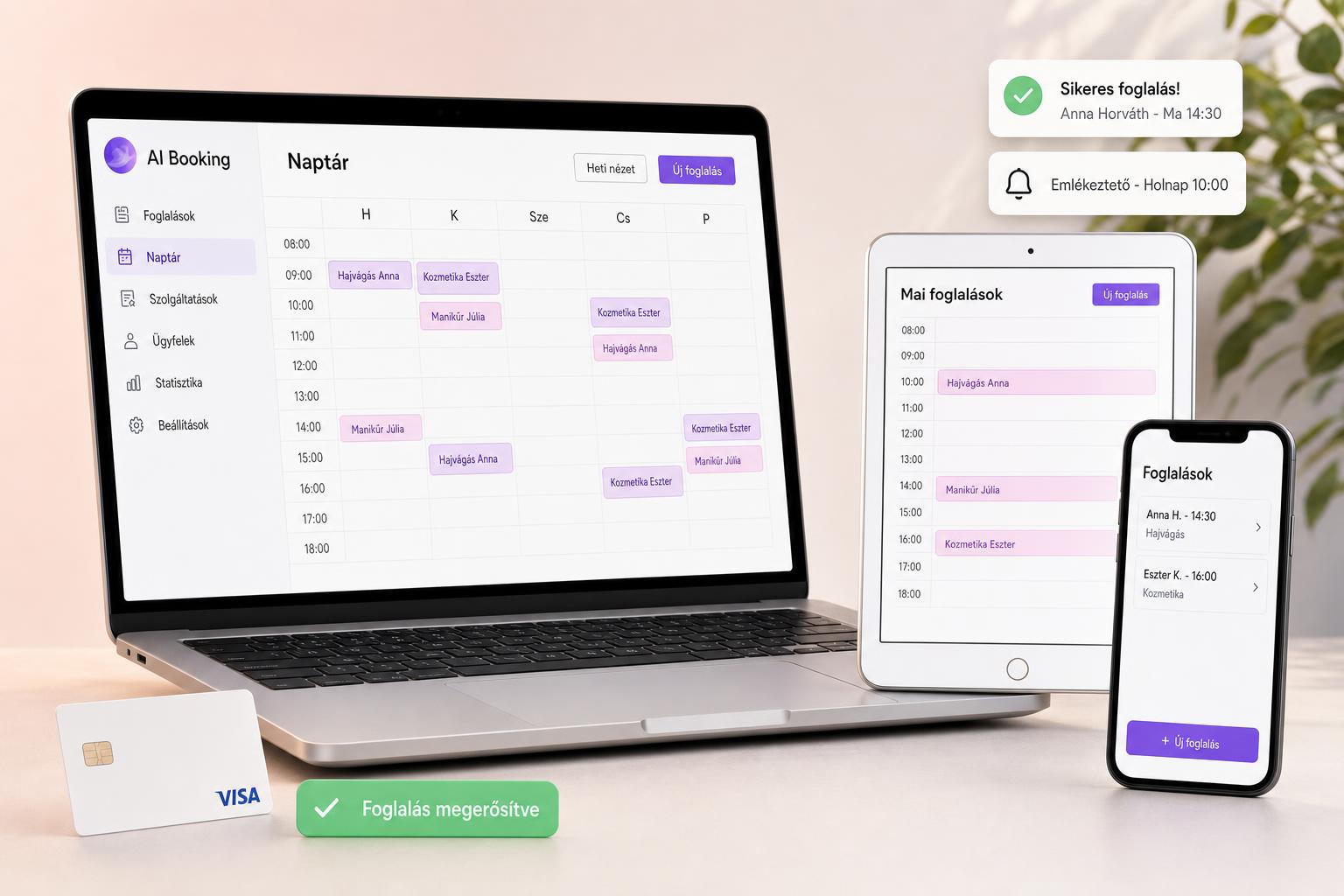 AI Booking foglalási felület laptopon, tableten és telefonon — heti naptár, mai foglalások, mobil értesítések magyar nyelven