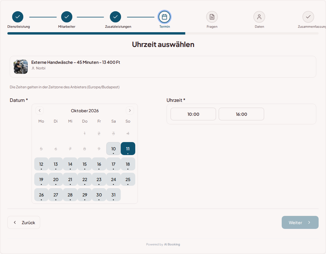Terminbuchungssystem für Autopflegespezialisten – Terminbuchungskalender für Autopflege mit freien Terminen für die gewählte Dienstleistung Terminbuchungssystem für Autopflegespezialisten – Terminbuchungskalender für Autopflege mit freien Terminen für die gewählte Dienstleistung