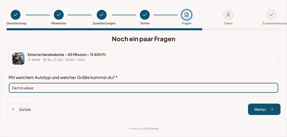 Terminbuchungssystem für Autopflegespezialisten – Vorabfrage zur Autopflege-Behandlung: Mit welchem Fahrzeugtyp und welcher Größe kommst du? Terminbuchungssystem für Autopflegespezialisten – Vorabfrage zur Autopflege-Behandlung: Mit welchem Fahrzeugtyp und welcher Größe kommst du?