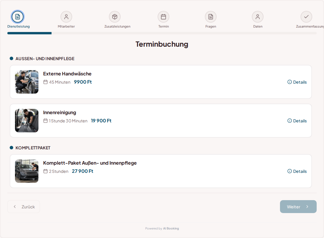 Terminbuchungssystem für Autopflegespezialisten – Externe Handwäsche, Innenreinigung, Komplett-Paket Außen- und Innenpflege mit Preisen, Dauer und Kategorien Terminbuchungssystem für Autopflegespezialisten – Externe Handwäsche, Innenreinigung, Komplett-Paket Außen- und Innenpflege mit Preisen, Dauer und Kategorien