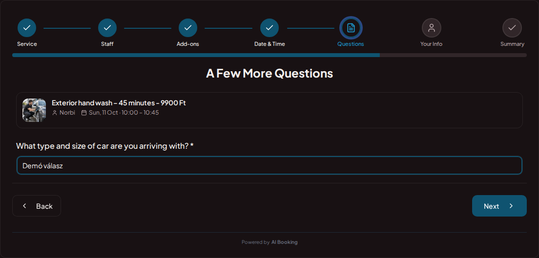 Appointment booking system for car detailers – Car detailing pre-booking question: What type and size of car are you arriving with?