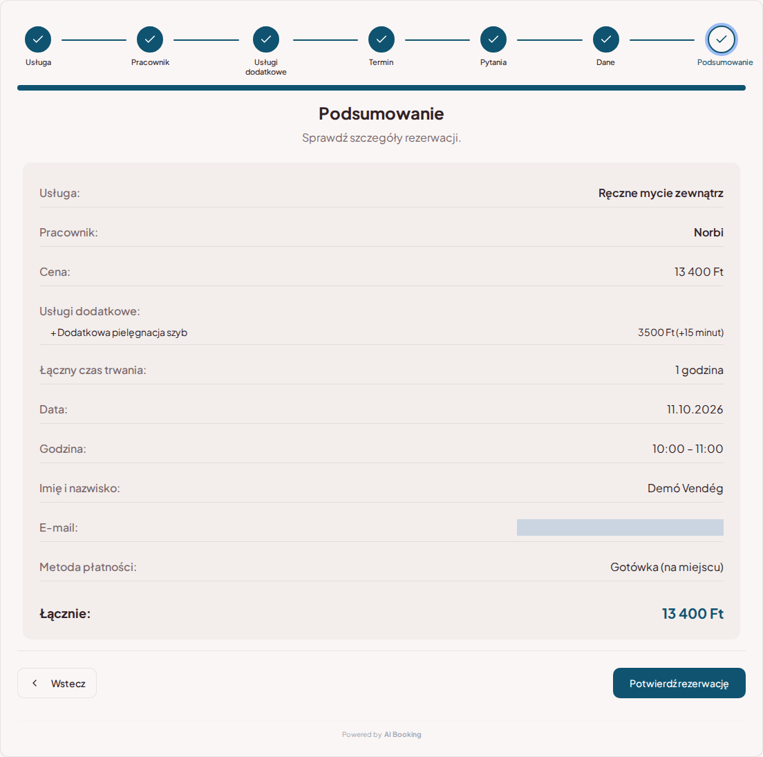System rezerwacji dla detailerów samochodowych – Podsumowanie rezerwacji detailingu z usługą, specjalistą, terminem i ceną System rezerwacji dla detailerów samochodowych – Podsumowanie rezerwacji detailingu z usługą, specjalistą, terminem i ceną