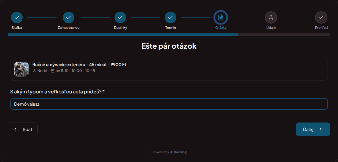 Systém rezervácií pre autokozmetiku – Predrezervačná otázka pre autokozmetiku: S akým typom a veľkosťou auta prídeš?