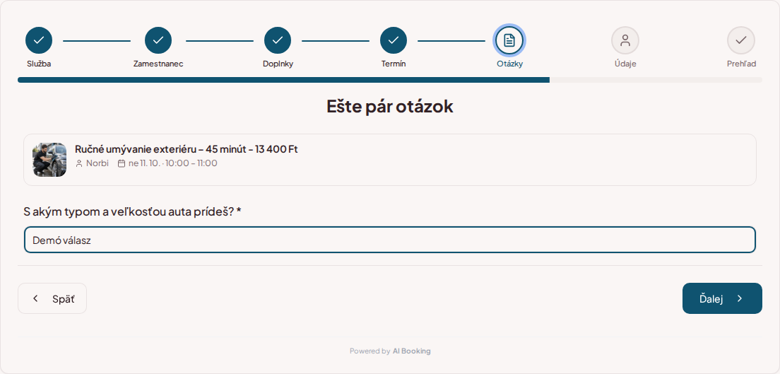 Systém rezervácií pre autokozmetiku – Predrezervačná otázka pre autokozmetiku: S akým typom a veľkosťou auta prídeš?