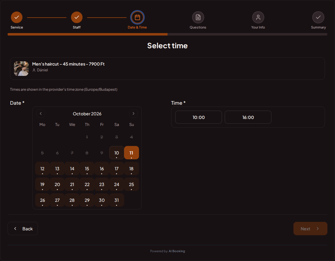 Appointment booking system for barbers – Barber booking calendar with available slots for the chosen service Appointment booking system for barbers – Barber booking calendar with available slots for the chosen service