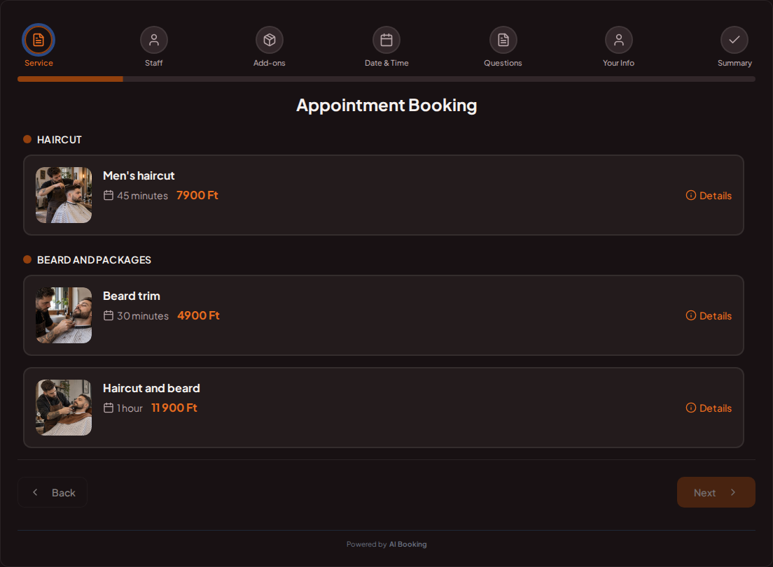 Appointment booking system for barbers – Men's haircut, Beard trim, Haircut and beard with prices, durations, and categories Appointment booking system for barbers – Men's haircut, Beard trim, Haircut and beard with prices, durations, and categories