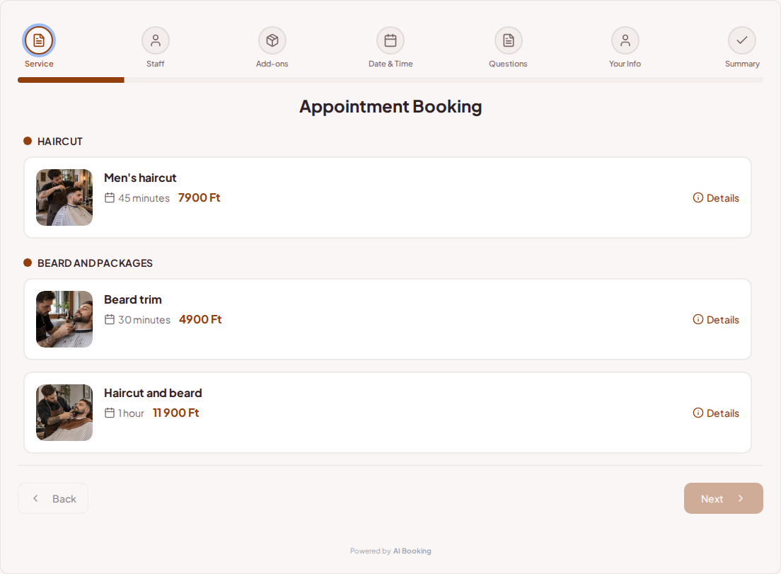 Appointment booking system for barbers – Men's haircut, Beard trim, Haircut and beard with prices, durations, and categories Appointment booking system for barbers – Men's haircut, Beard trim, Haircut and beard with prices, durations, and categories