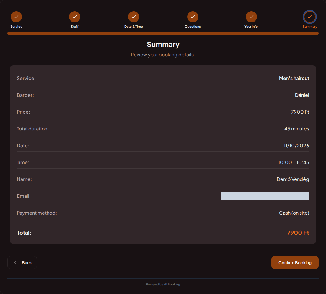 Appointment booking system for barbers – Barbershop booking summary with service, professional, date, and fee Appointment booking system for barbers – Barbershop booking summary with service, professional, date, and fee