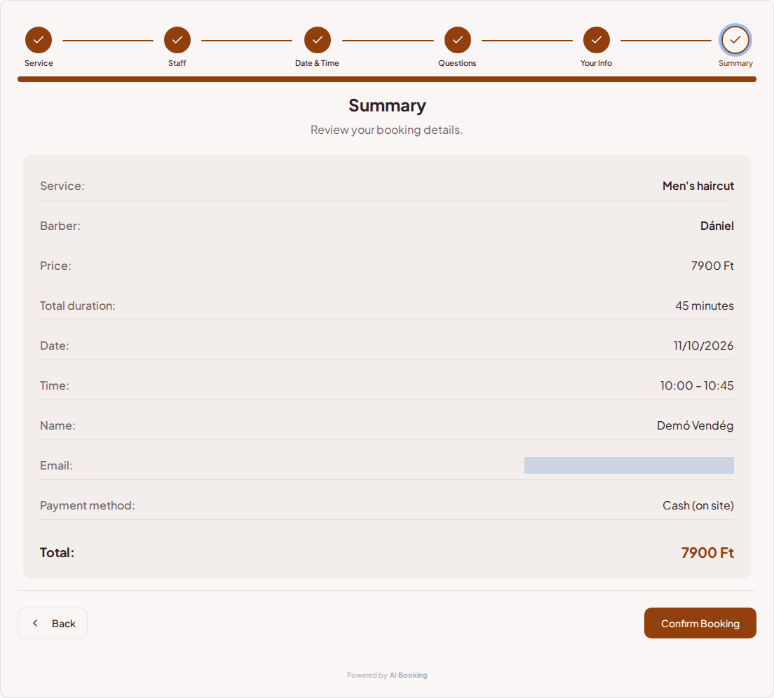 Appointment booking system for barbers – Barbershop booking summary with service, professional, date, and fee Appointment booking system for barbers – Barbershop booking summary with service, professional, date, and fee