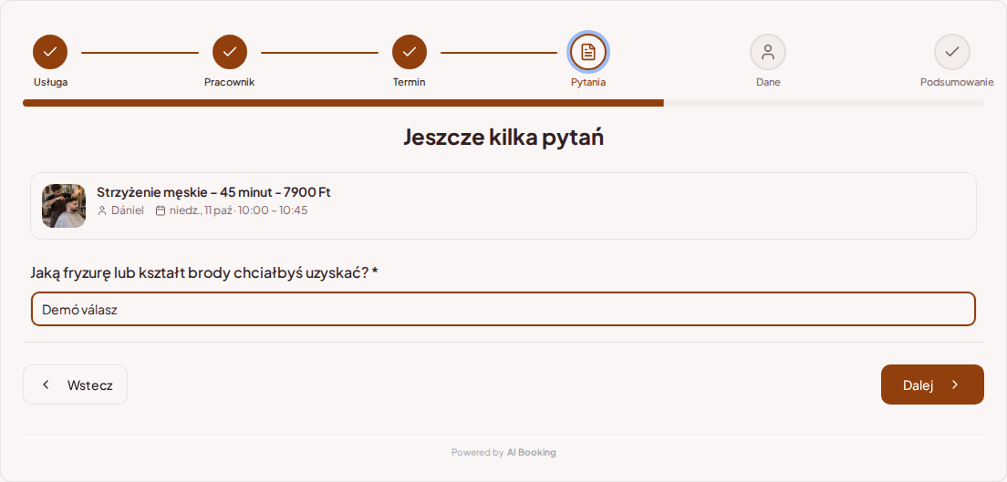System rezerwacji dla barberów – Pytanie wstępne przy usłudze barbershop: Jaką fryzurę lub kształt brody chcesz uzyskać?