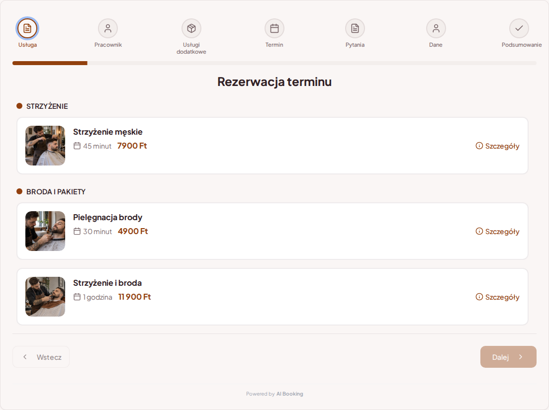 System rezerwacji dla barberów – Strzyżenie męskie, Pielęgnacja brody, Strzyżenie i broda z cenami, czasem trwania i kategoriami