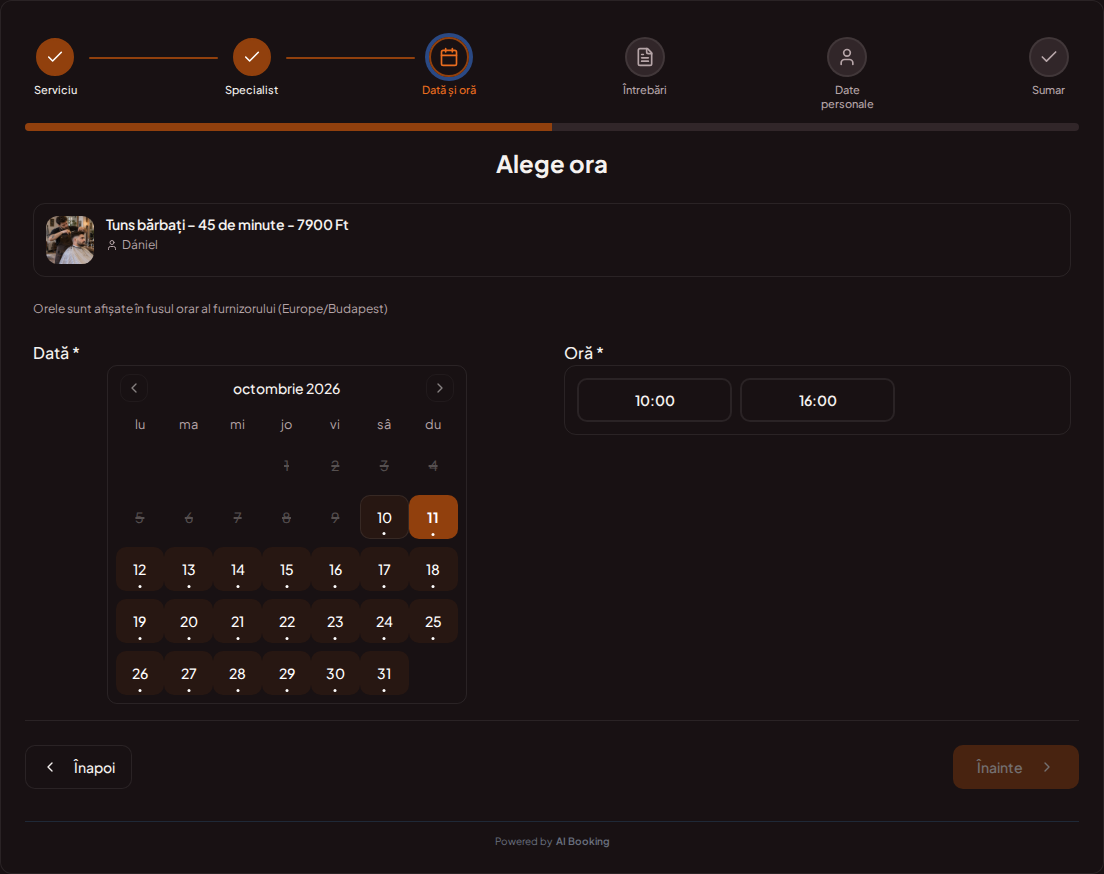 Sistem de programări pentru barbieri – Calendar de programări pentru frizer cu intervale libere pentru serviciul ales