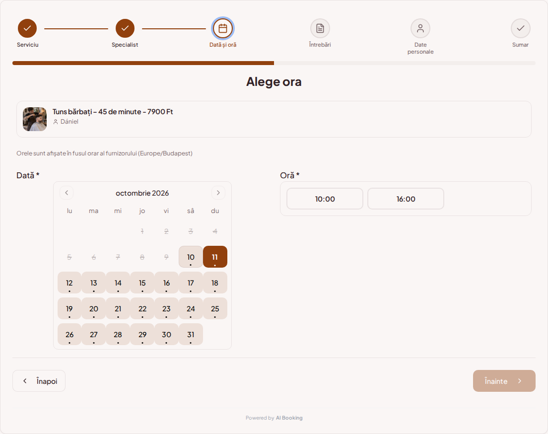Sistem de programări pentru barbieri – Calendar de programări pentru frizer cu intervale libere pentru serviciul ales