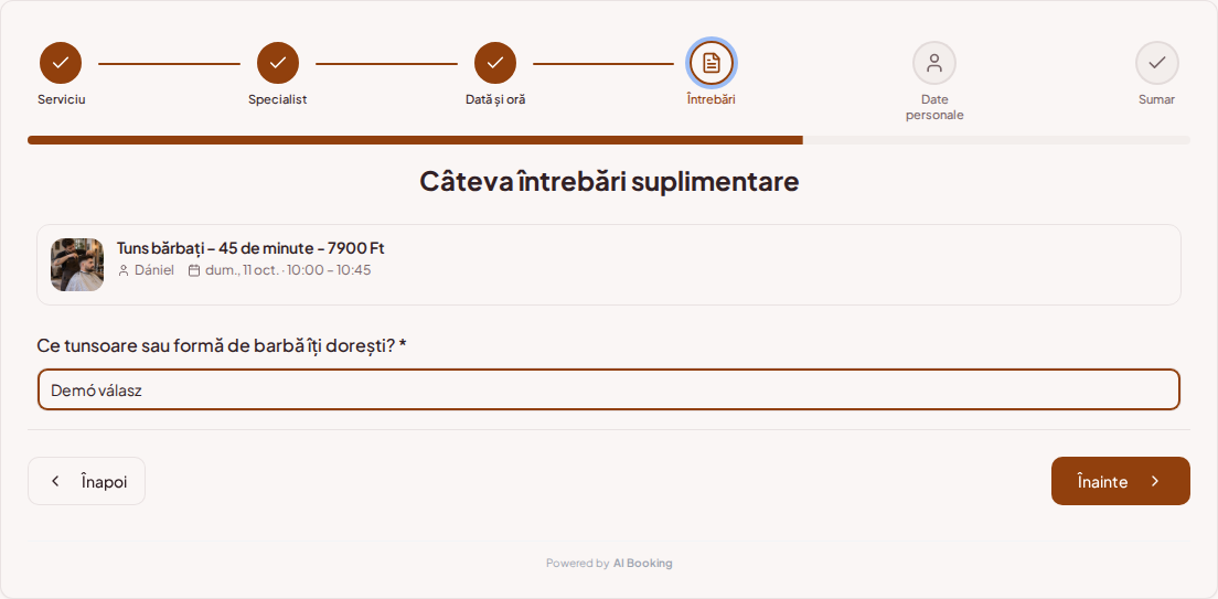 Sistem de programări pentru barbieri – Întrebare de rezervare prealabilă pentru serviciu Barbershop: Ce coafură sau formă de barbă dorești?