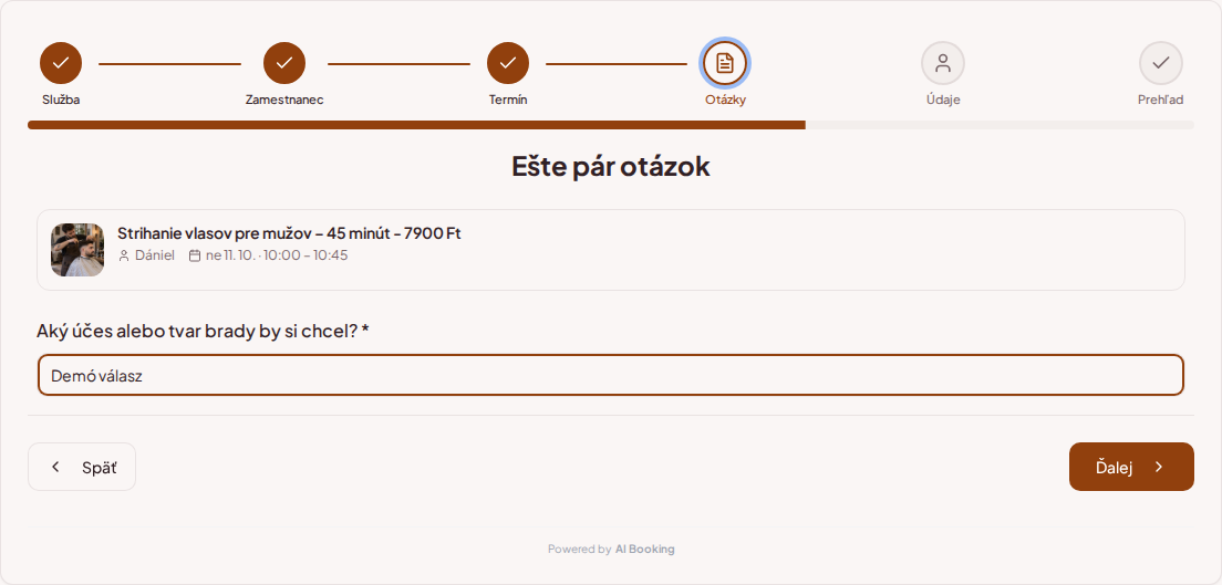 Systém rezervácií pre barberov – Predrezervačná otázka pre službu v barbershope: Aký strih alebo tvar brady by si chcel/a? Systém rezervácií pre barberov – Predrezervačná otázka pre službu v barbershope: Aký strih alebo tvar brady by si chcel/a?