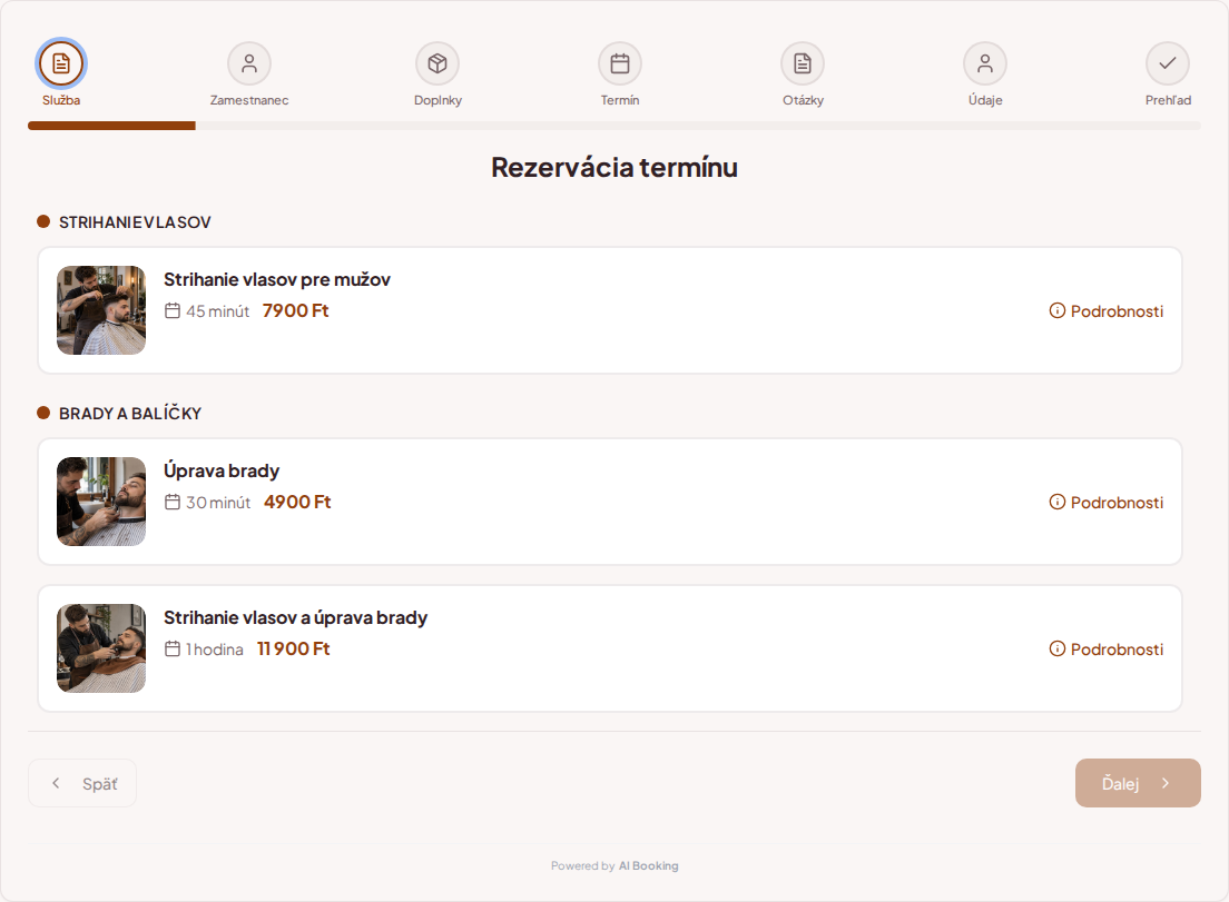 Systém rezervácií pre barberov – Strihanie vlasov pre mužov, Úprava brady, Strihanie vlasov a úprava brady s cenami, dĺžkou trvania a kategóriami Systém rezervácií pre barberov – Strihanie vlasov pre mužov, Úprava brady, Strihanie vlasov a úprava brady s cenami, dĺžkou trvania a kategóriami