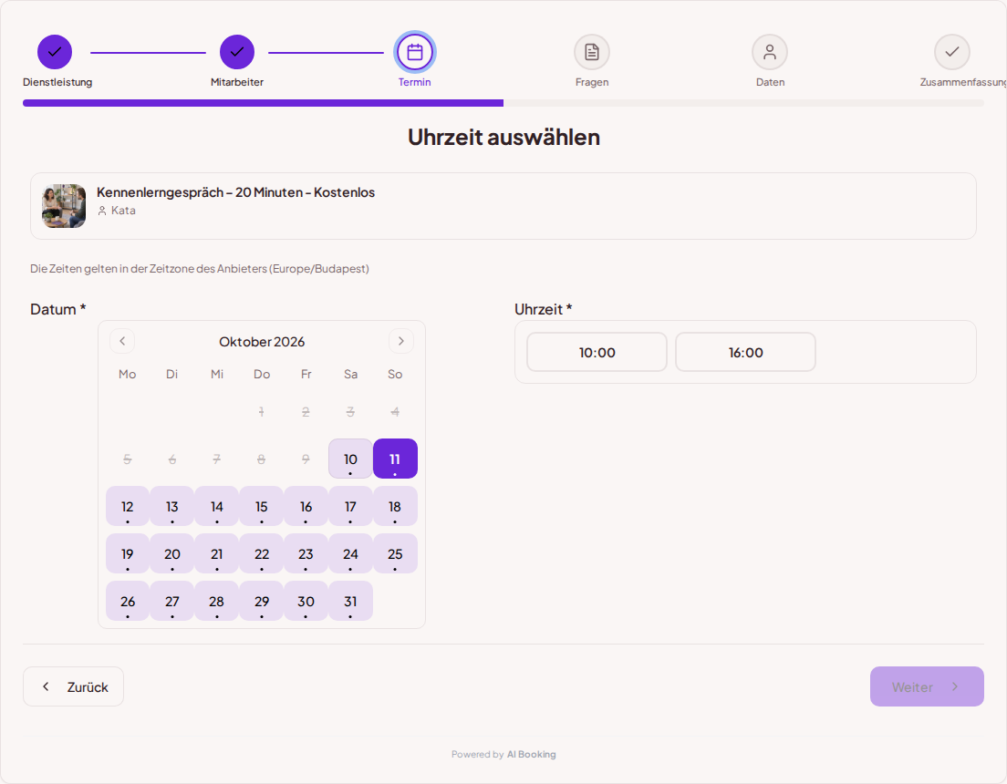 Terminbuchungssystem für Coaches – Buchungskalender für Coaching-Sitzungen mit freien Terminen für die gewählte Leistung Terminbuchungssystem für Coaches – Buchungskalender für Coaching-Sitzungen mit freien Terminen für die gewählte Leistung