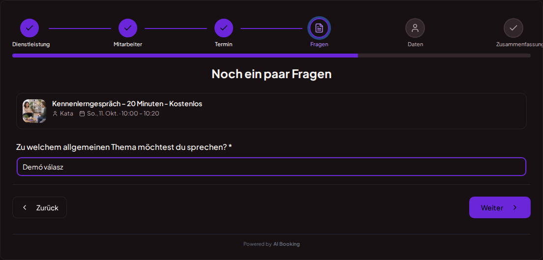 Terminbuchungssystem für Coaches – Vorabfrage zur Coaching-Sitzung: Über welches allgemeine Thema möchtest du sprechen? Terminbuchungssystem für Coaches – Vorabfrage zur Coaching-Sitzung: Über welches allgemeine Thema möchtest du sprechen?