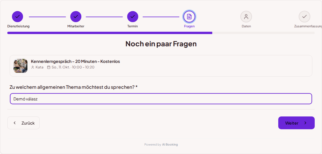 Terminbuchungssystem für Coaches – Vorabfrage zur Coaching-Sitzung: Über welches allgemeine Thema möchtest du sprechen? Terminbuchungssystem für Coaches – Vorabfrage zur Coaching-Sitzung: Über welches allgemeine Thema möchtest du sprechen?