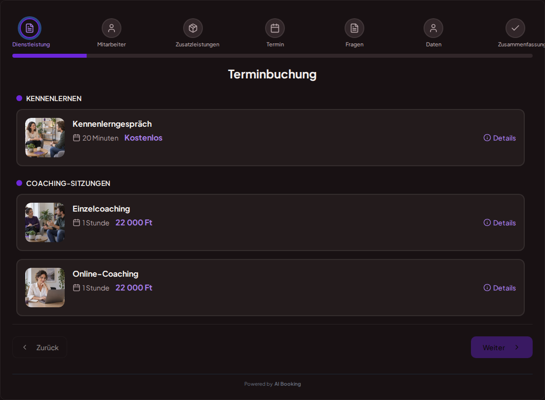 Terminbuchungssystem für Coaches – Kennenlerngespräch, Einzelcoaching, Online-Coaching mit Preisen, Dauer und Kategorien Terminbuchungssystem für Coaches – Kennenlerngespräch, Einzelcoaching, Online-Coaching mit Preisen, Dauer und Kategorien