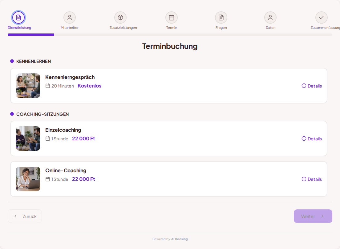 Terminbuchungssystem für Coaches – Kennenlerngespräch, Einzelcoaching, Online-Coaching mit Preisen, Dauer und Kategorien Terminbuchungssystem für Coaches – Kennenlerngespräch, Einzelcoaching, Online-Coaching mit Preisen, Dauer und Kategorien