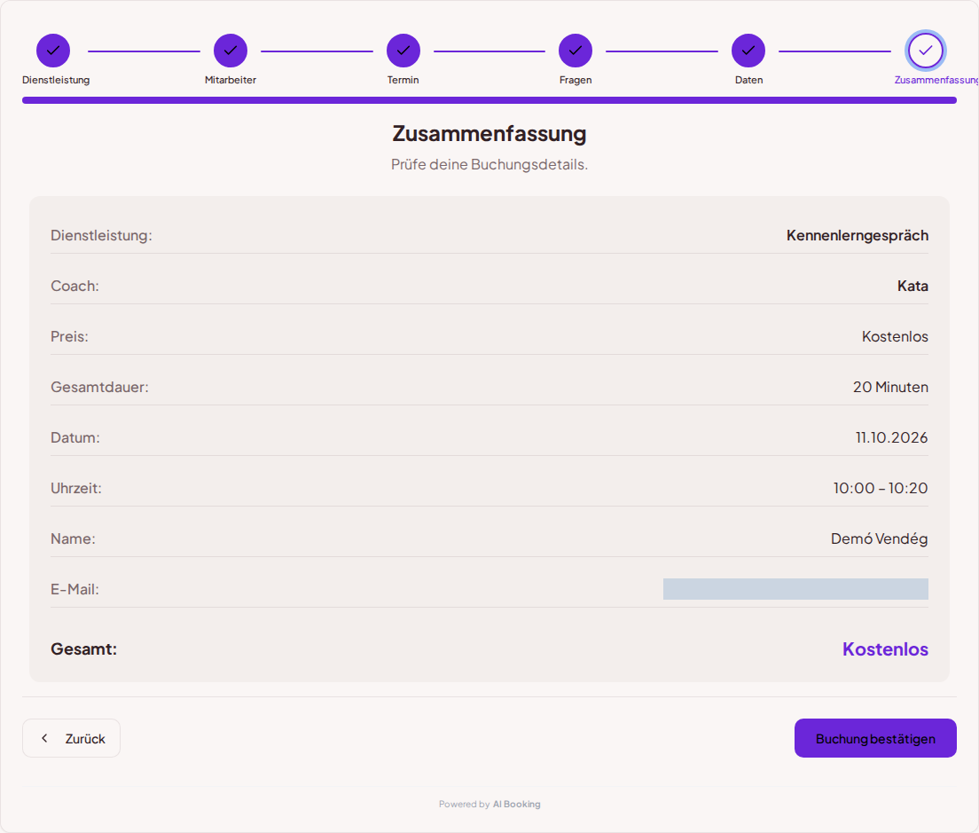 Terminbuchungssystem für Coaches – Buchungszusammenfassung der Coaching-Sitzung mit Leistung, Fachkraft, Termin und Preis Terminbuchungssystem für Coaches – Buchungszusammenfassung der Coaching-Sitzung mit Leistung, Fachkraft, Termin und Preis