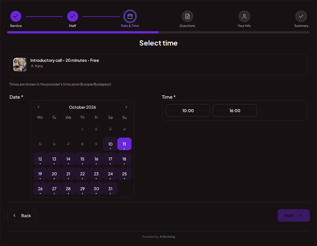 Appointment booking system for coaches – Coaching session booking calendar with available slots for the selected service Appointment booking system for coaches – Coaching session booking calendar with available slots for the selected service