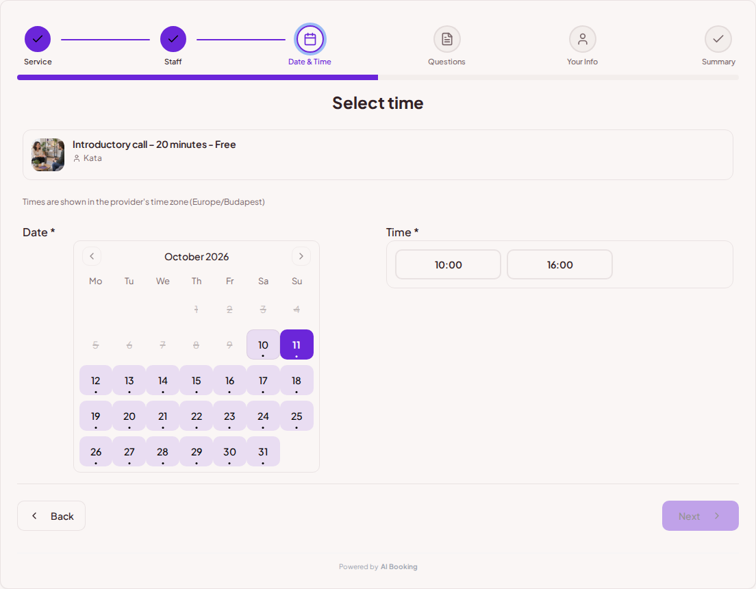 Appointment booking system for coaches – Coaching session booking calendar with available slots for the selected service Appointment booking system for coaches – Coaching session booking calendar with available slots for the selected service