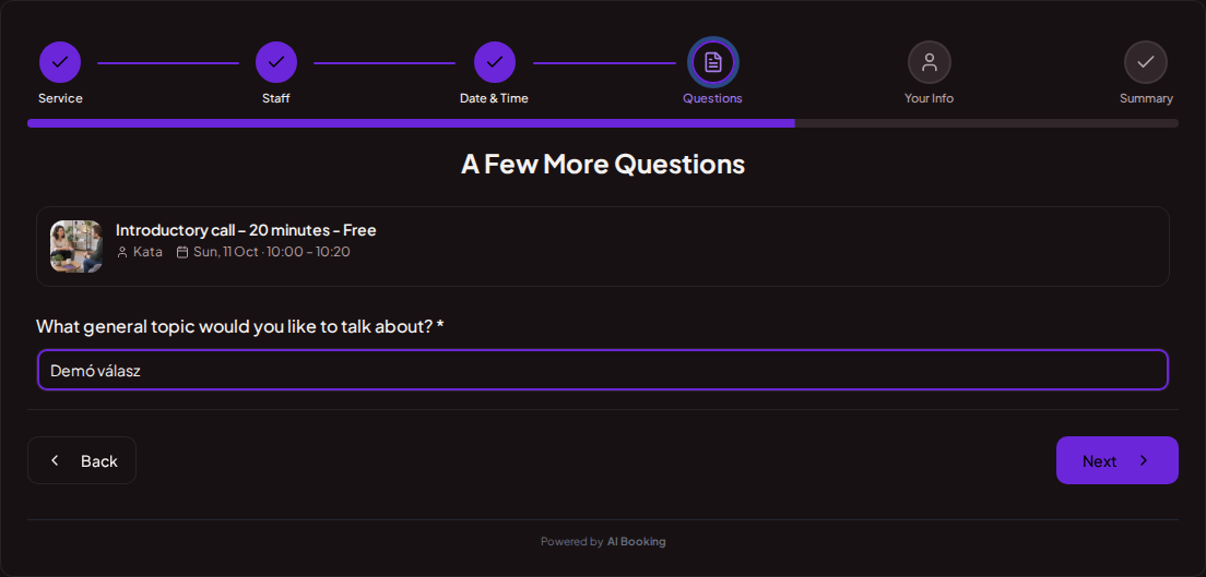 Appointment booking system for coaches – Coaching session pre-booking question: What general topic would you like to discuss? Appointment booking system for coaches – Coaching session pre-booking question: What general topic would you like to discuss?