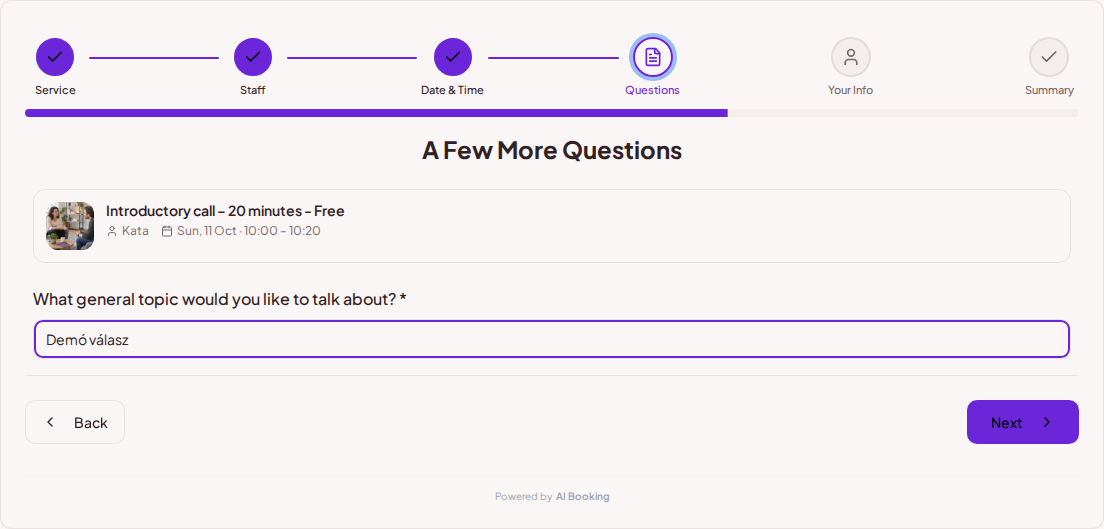 Appointment booking system for coaches – Coaching session pre-booking question: What general topic would you like to discuss? Appointment booking system for coaches – Coaching session pre-booking question: What general topic would you like to discuss?
