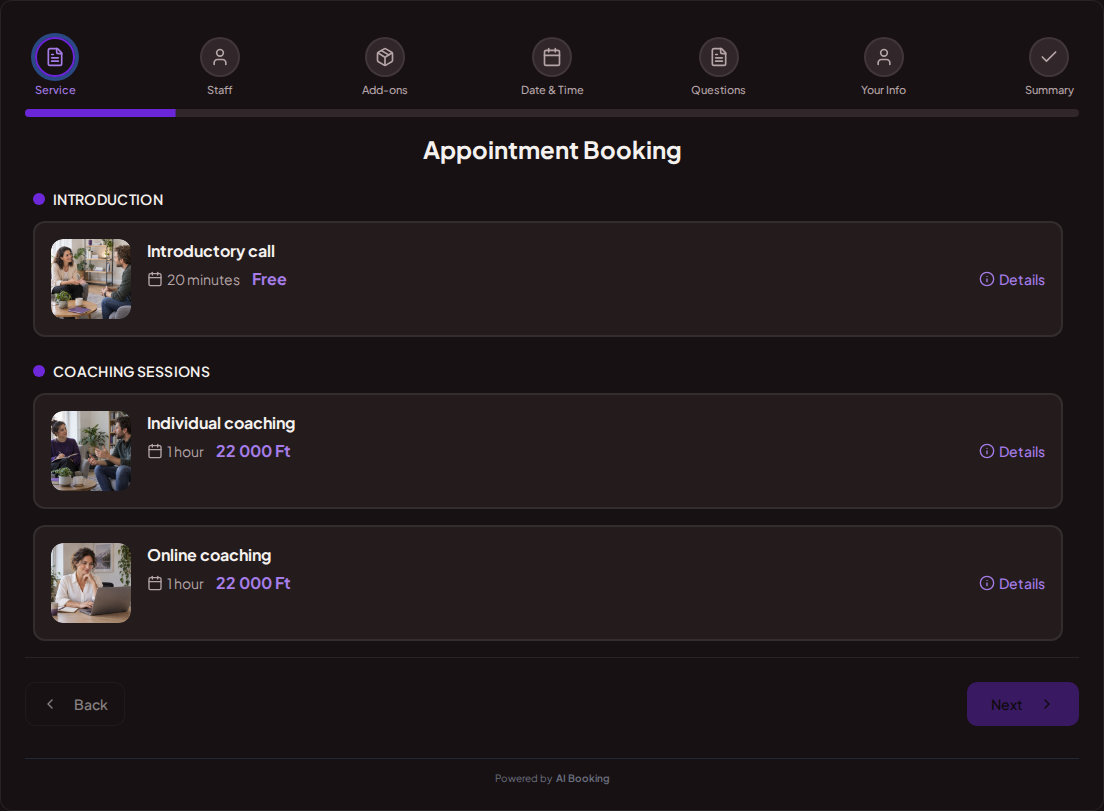 Appointment booking system for coaches – Introductory call, Individual coaching, Online coaching with prices, durations, and categories Appointment booking system for coaches – Introductory call, Individual coaching, Online coaching with prices, durations, and categories