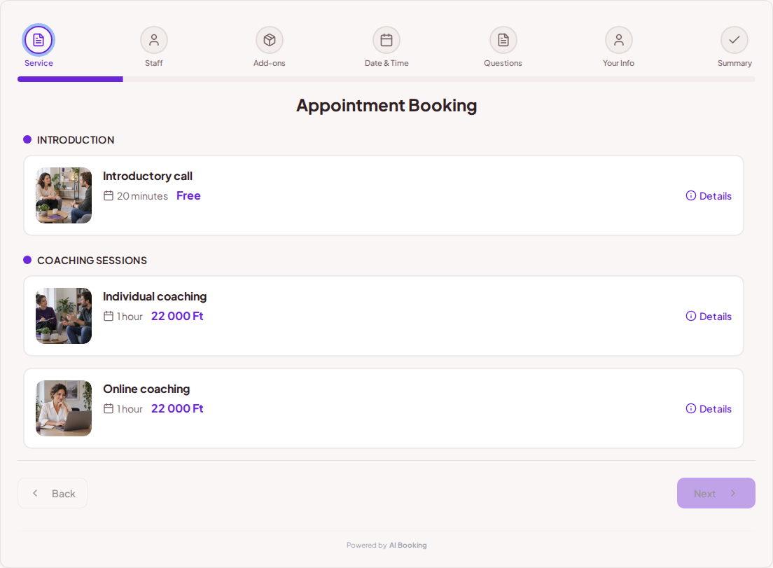Appointment booking system for coaches – Introductory call, Individual coaching, Online coaching with prices, durations, and categories Appointment booking system for coaches – Introductory call, Individual coaching, Online coaching with prices, durations, and categories