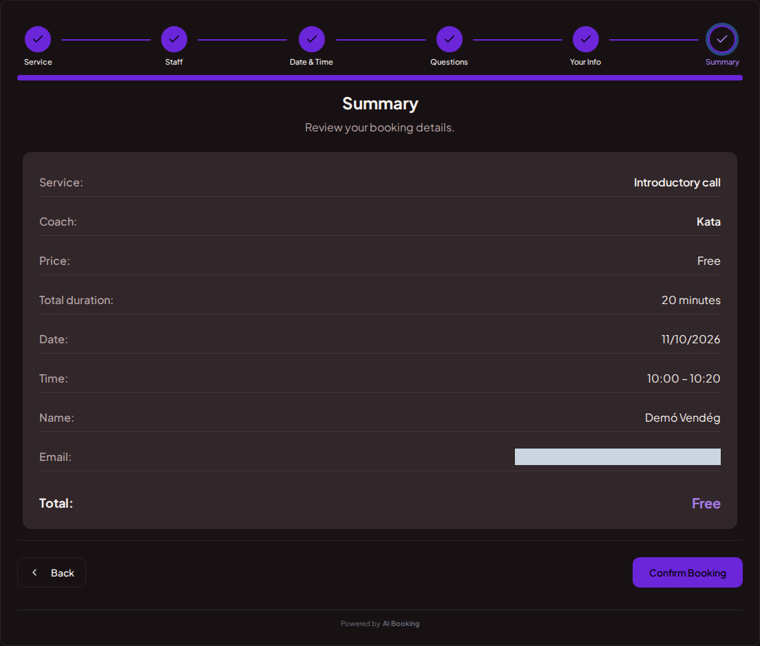 Appointment booking system for coaches – Coaching session booking summary with service, specialist, time, and fee Appointment booking system for coaches – Coaching session booking summary with service, specialist, time, and fee