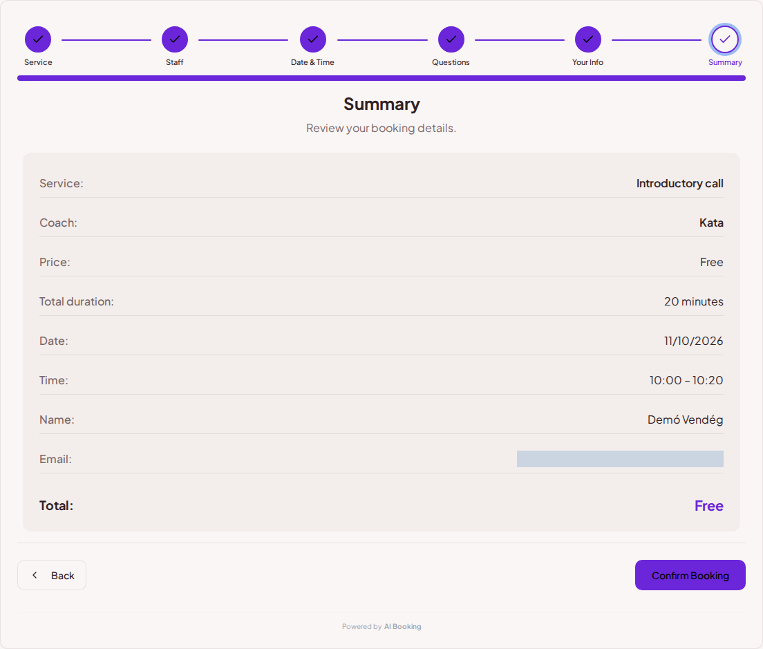 Appointment booking system for coaches – Coaching session booking summary with service, specialist, time, and fee Appointment booking system for coaches – Coaching session booking summary with service, specialist, time, and fee