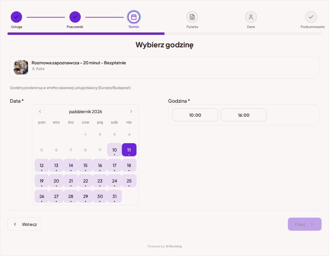 System rezerwacji dla coachów – Kalendarz rezerwacji sesji coachingu z wolnymi terminami dla wybranej usługi System rezerwacji dla coachów – Kalendarz rezerwacji sesji coachingu z wolnymi terminami dla wybranej usługi