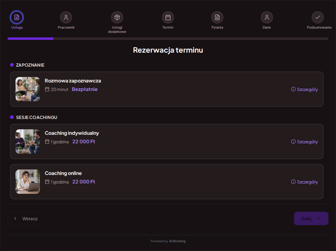 System rezerwacji dla coachów – Rozmowa zapoznawcza, Coaching indywidualny, Coaching online z cenami, czasem trwania i kategoriami System rezerwacji dla coachów – Rozmowa zapoznawcza, Coaching indywidualny, Coaching online z cenami, czasem trwania i kategoriami