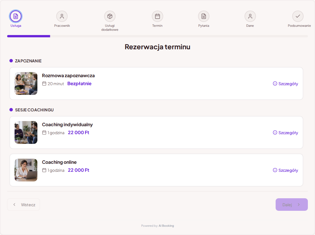 System rezerwacji dla coachów – Rozmowa zapoznawcza, Coaching indywidualny, Coaching online z cenami, czasem trwania i kategoriami System rezerwacji dla coachów – Rozmowa zapoznawcza, Coaching indywidualny, Coaching online z cenami, czasem trwania i kategoriami