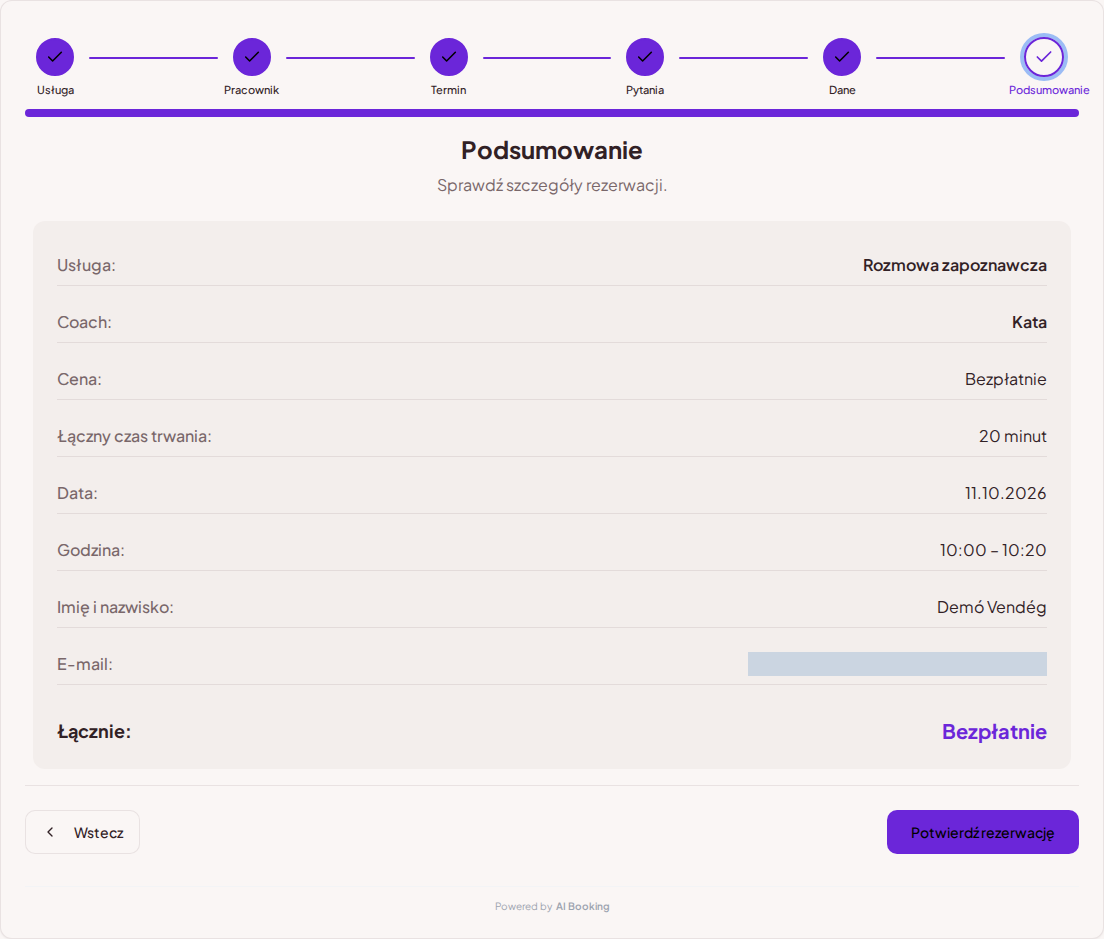 System rezerwacji dla coachów – Podsumowanie rezerwacji sesji coachingu z usługą, specjalistą, terminem i ceną System rezerwacji dla coachów – Podsumowanie rezerwacji sesji coachingu z usługą, specjalistą, terminem i ceną
