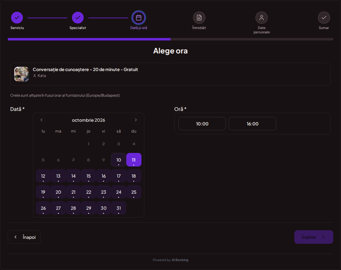 Sistem de programări pentru coachi – Calendar de programări pentru ședințe de coaching cu intervale libere pentru serviciul ales Sistem de programări pentru coachi – Calendar de programări pentru ședințe de coaching cu intervale libere pentru serviciul ales