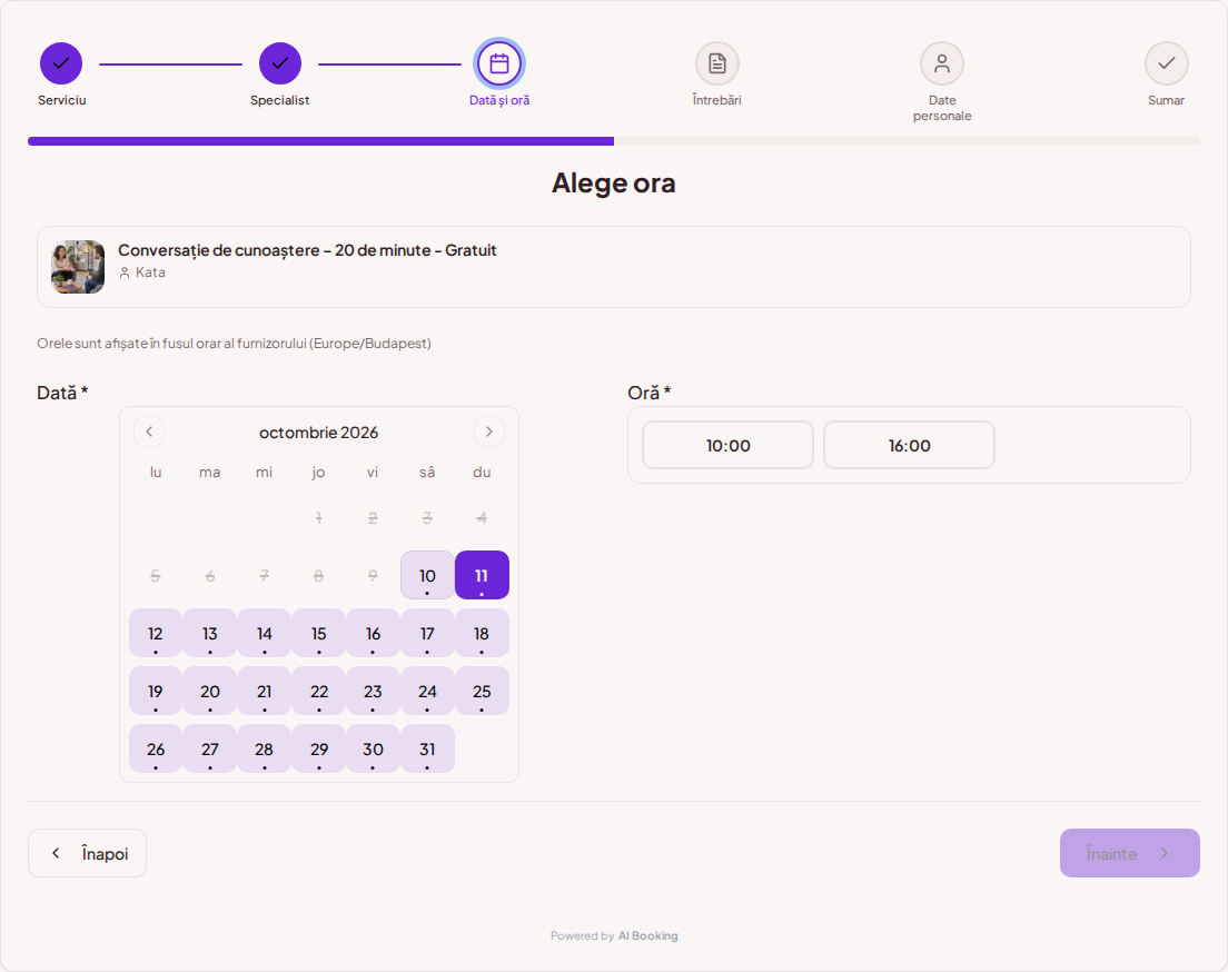 Sistem de programări pentru coachi – Calendar de programări pentru ședințe de coaching cu intervale libere pentru serviciul ales Sistem de programări pentru coachi – Calendar de programări pentru ședințe de coaching cu intervale libere pentru serviciul ales