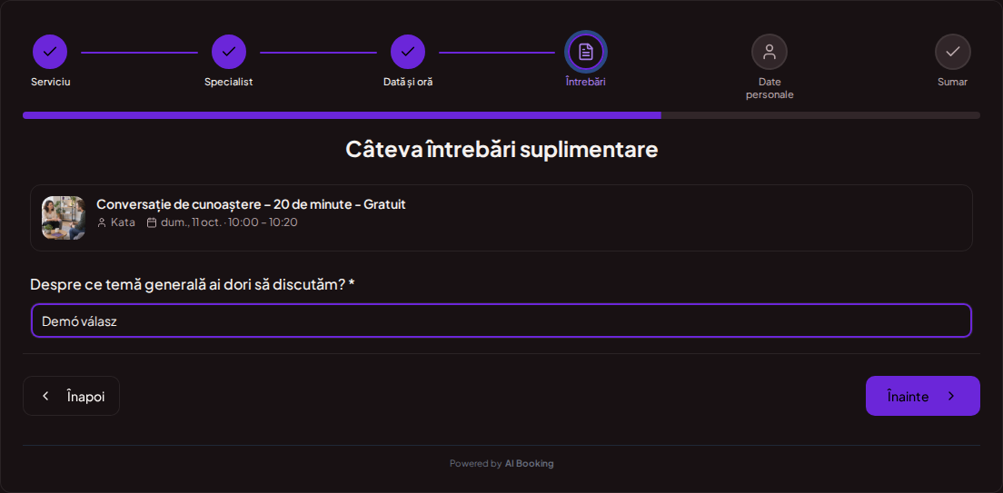 Sistem de programări pentru coachi – Întrebare prealabilă pentru ședința de coaching: Despre ce temă generală ai dori să discutăm? Sistem de programări pentru coachi – Întrebare prealabilă pentru ședința de coaching: Despre ce temă generală ai dori să discutăm?