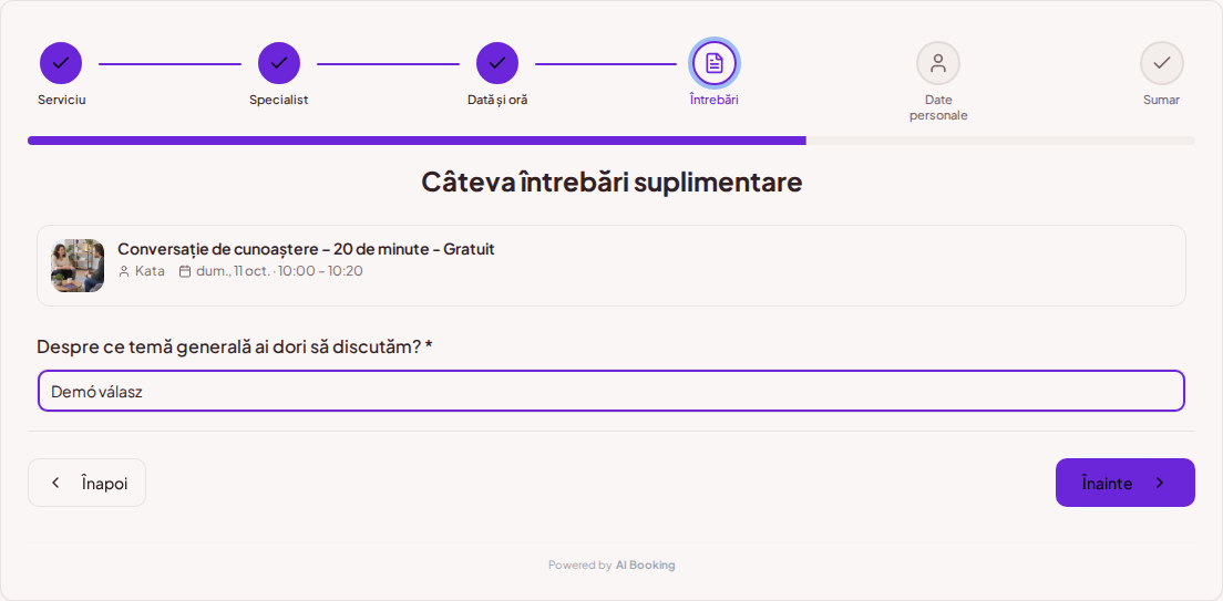 Sistem de programări pentru coachi – Întrebare prealabilă pentru ședința de coaching: Despre ce temă generală ai dori să discutăm? Sistem de programări pentru coachi – Întrebare prealabilă pentru ședința de coaching: Despre ce temă generală ai dori să discutăm?
