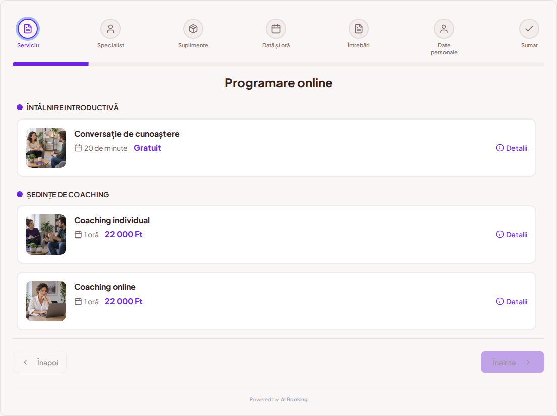Sistem de programări pentru coachi – Conversație de cunoaștere, Coaching individual, Coaching online cu prețuri, durate și categorii Sistem de programări pentru coachi – Conversație de cunoaștere, Coaching individual, Coaching online cu prețuri, durate și categorii