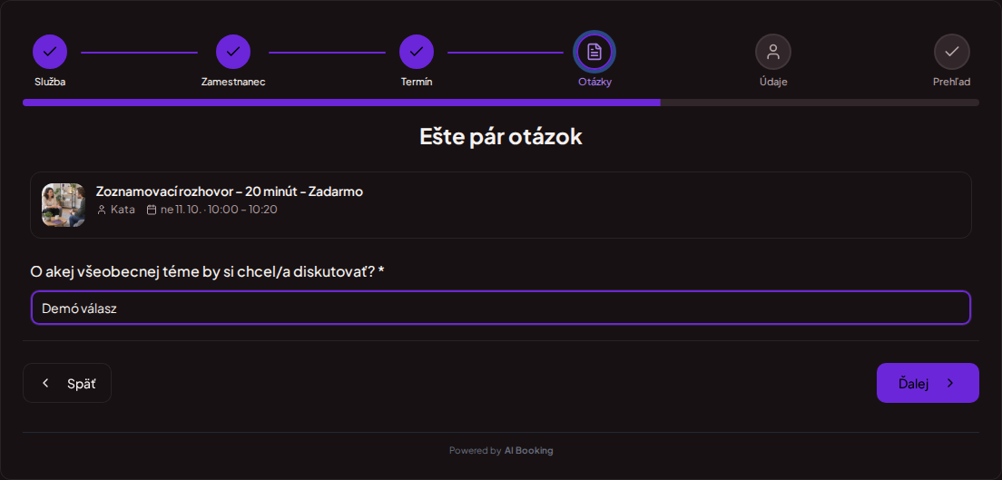 Systém na rezerváciu termínov pre koučov – Predrezervačná otázka pre koučingové sedenie: O akej všeobecnej téme by si sa chcel/a porozprávať? Systém na rezerváciu termínov pre koučov – Predrezervačná otázka pre koučingové sedenie: O akej všeobecnej téme by si sa chcel/a porozprávať?