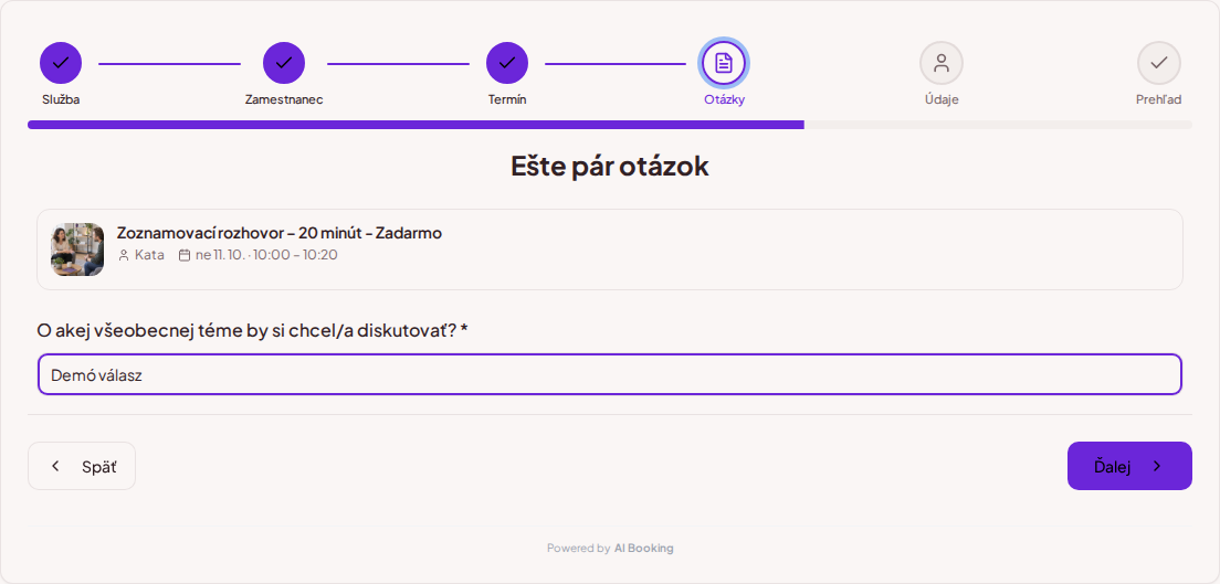 Systém na rezerváciu termínov pre koučov – Predrezervačná otázka pre koučingové sedenie: O akej všeobecnej téme by si sa chcel/a porozprávať? Systém na rezerváciu termínov pre koučov – Predrezervačná otázka pre koučingové sedenie: O akej všeobecnej téme by si sa chcel/a porozprávať?